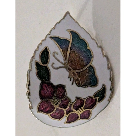 CLOISONNE BLUE BUTERRFLY & FLOWERS POST EARRINGS MULTICOLOR ENAMEL VINTAGE HTF - Picture 7 of 8